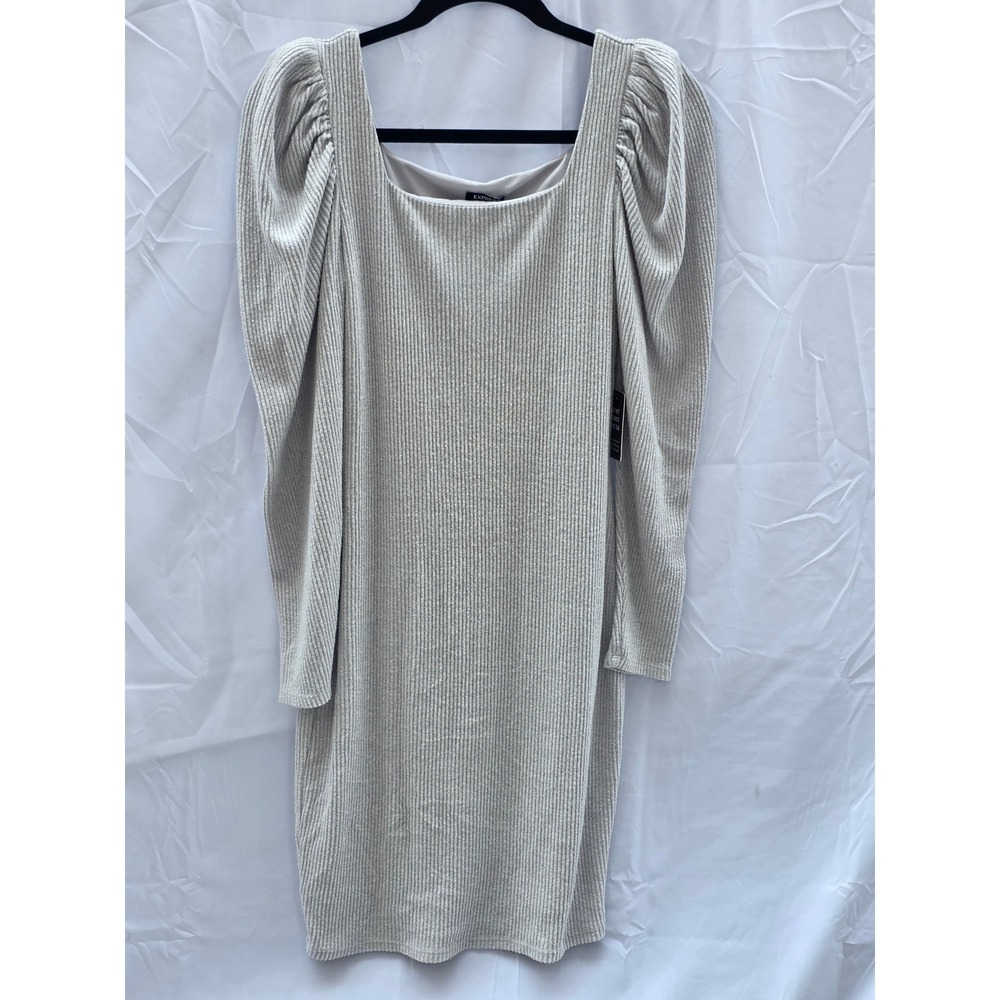 Express Womens Gray Ribbed Square Neck Puff Shoulder Mini Dress 027800880 XS